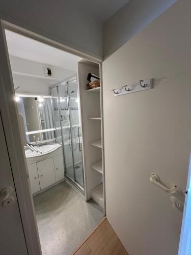 un bagno con cabina doccia e lavandino di appartement Xiberoa Socoa a Urrugne