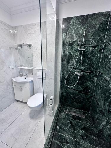 ein Badezimmer mit Toilette und Glasdusche in der Unterkunft Ground Floor Studio in Chişoda