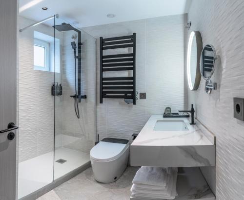 ein Badezimmer mit Toilette, Waschbecken und Dusche in der Unterkunft Hotel Calagurris in Calahorra