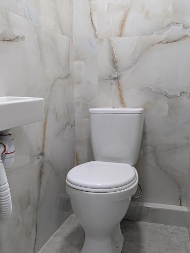un bagno con servizi igienici bianchi e parete in marmo. di Cozy Home a Balaovit