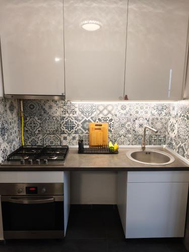 a kitchen counter with a sink and a stove at Casa Serena in Odorheiu Secuiesc