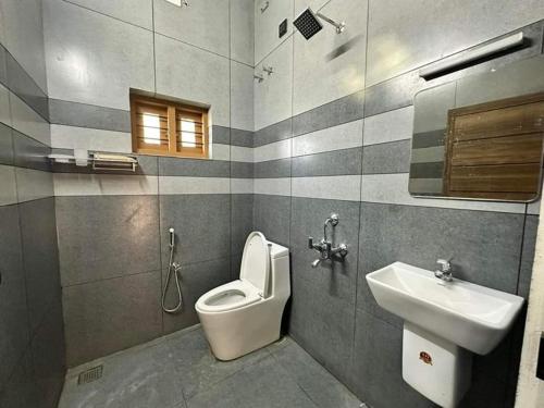 a bathroom with a toilet and a sink at Clay Canvas in Anachal