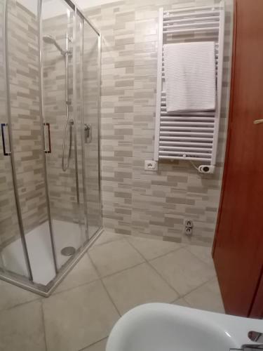 ein Badezimmer mit Dusche und Waschbecken in der Unterkunft Casa Chiasso in Gabbro