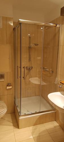 a shower with a glass door in a bathroom at Andante apartman in Bük