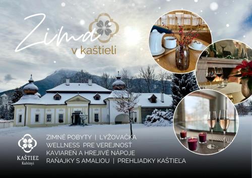 a collage of photos of a house in the snow at Kaštieľ Kubínyi in Dolný Kubín