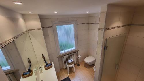 an overhead view of a bathroom with a toilet and a window at Madonna Dell'Aiuto True View Olivo in Brenzone sul Garda