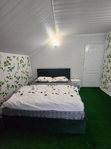 a bedroom with a large bed with a green floor at Casa Edimar in Sboghiţeşti