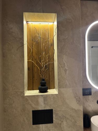 a bathroom mirror with a vase in front of a sink at Altitude Escape Retreat in Fundata
