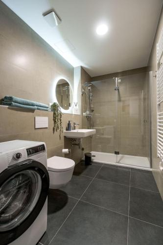 a bathroom with a toilet and a sink and a washing machine at Šantovka Residence in Olomouc