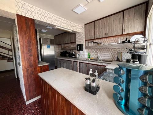 蒙得维的亚Platinum House Carrasco的配有木质橱柜和台面的厨房