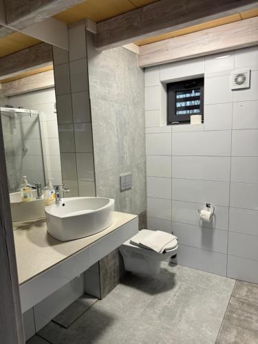 DługiePensjonat Długie Lubuskie的带水槽和马桶的白色浴室