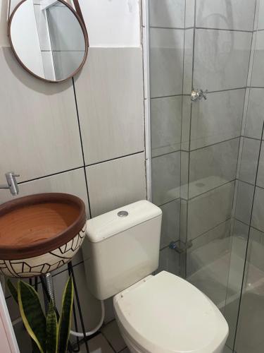 a bathroom with a toilet and a mirror and a shower at Pousada Huber in Treze Tílias