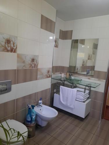 ein Badezimmer mit Waschbecken, Toilette und Spiegel in der Unterkunft MihaiResidence in Craiova