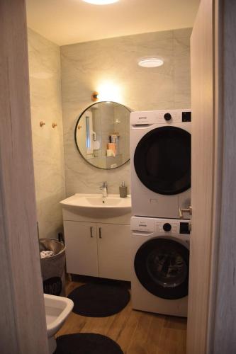 ein Badezimmer mit Waschbecken und Waschmaschine in der Unterkunft Blidinje S7 - Risovac -280 m staza in Jablanica