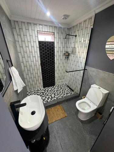 a bathroom with a toilet and a sink and a shower at Studio Seabiscuit in Cape Town