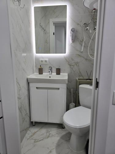 a bathroom with a toilet and a sink and a mirror at Studio modern 10 min de centru, perfect pentru doi in Chişinău