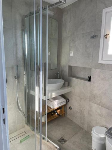 a bathroom with a shower and a sink at Anemoessa Studios in Pollonia