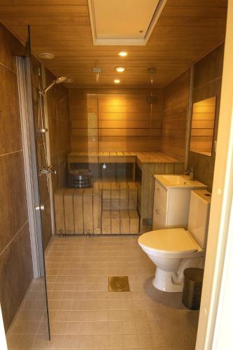 a small bathroom with a toilet and a shower at Palojärven Lomakeskus in Sonka