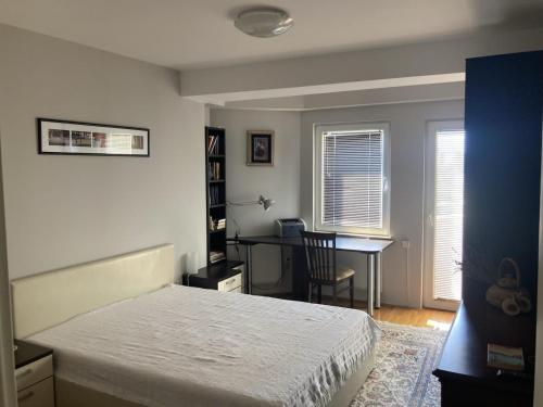 a bedroom with a bed and a desk and a table at SKY Apartments in Ohrid