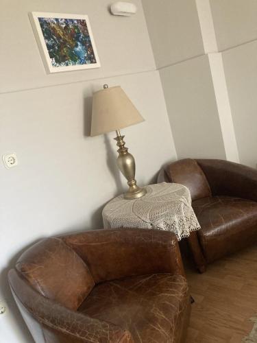 a living room with two leather chairs and a lamp at SKY Apartments in Ohrid