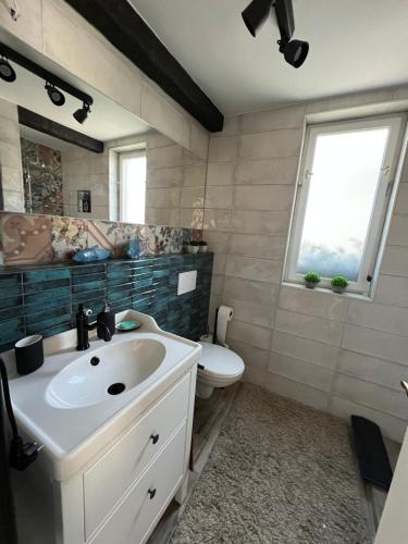 a bathroom with a sink and a toilet and a window at Pancsoló Rigó & Mérges Harkály Apartments in Dunapataj