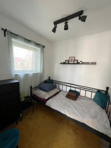 a bedroom with two beds and a window at Pancsoló Rigó & Mérges Harkály Apartments in Dunapataj