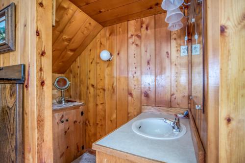 a bathroom with a sink in a wooden wall at Cannons Cottage in Cannon Beach