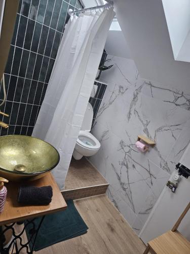 a bathroom with a sink and a toilet at La Halte D'Aristide - Parking in Cravanche