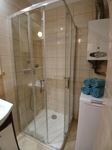 a shower with a glass door in a bathroom at Apartament Piła Wita in Piła