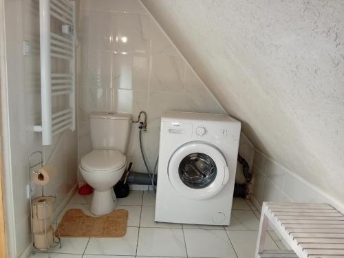 a small bathroom with a toilet and a washing machine at Appartement in Kesseldorf