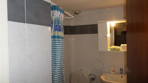 a bathroom with a shower and a toilet and a sink at Summer Holidays Studio in Chania