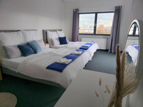 伊斯马宁Große Wohnung mit Balkon nahe München的一间有两张床和一扇大窗户的卧室