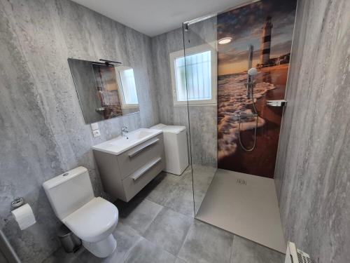 a bathroom with a toilet and a sink and a shower at Gîte OL'HERON familiale pour 9 personnes à Dolus in Dolus-d'Oléron