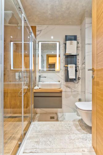 a bathroom with a shower and a sink and a toilet at Queen Lidija in Zlatibor