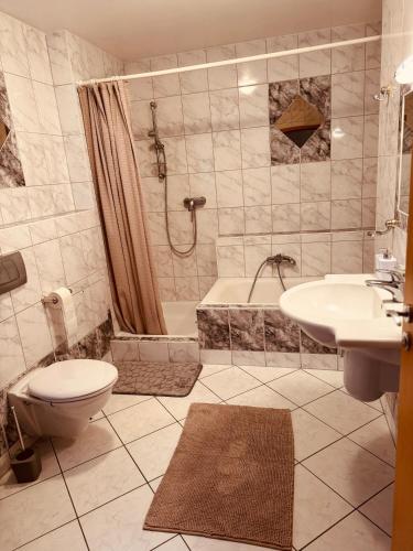 a bathroom with a toilet and a tub and a sink at FeWo Haus 9 EUROPA PARK RULANTICA in Lahr
