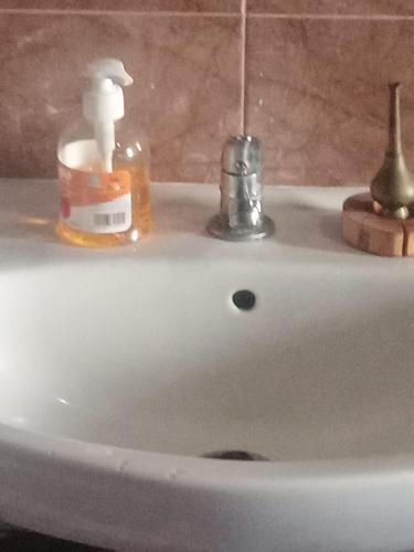 a bathroom sink with a bottle of soap on it at Taghazout beachside apartment in Agadir