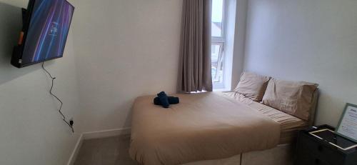 a teddy bear sitting on a bed in a room at Room in Portsmouth in Portsmouth