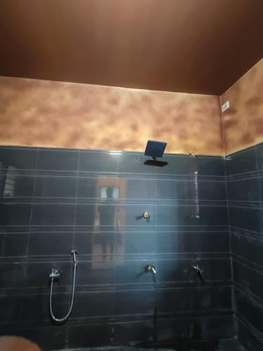 bagno con doccia e parete piastrellata blu di Sp Queens Garden a Madurai