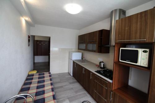 una pequeña cocina con armarios de madera y microondas en Apartment Igor, en Lúčky