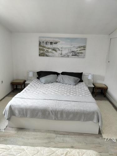 a bedroom with a large white bed with two tables at Kuća za odmor SIG in Erdevik