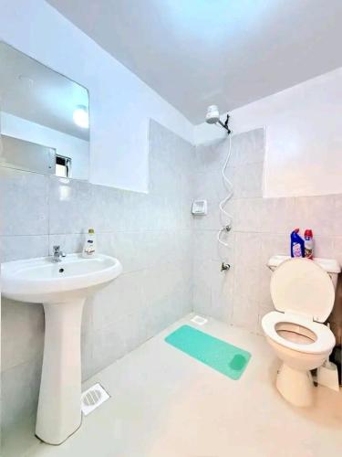 a white bathroom with a toilet and a sink at Travel Nest in Nairobi