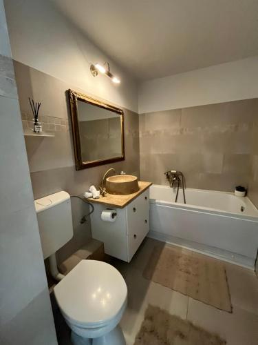 a bathroom with a toilet and a sink and a tub at Apartament The Office-Scorțarilor Cluj in Cluj-Napoca
