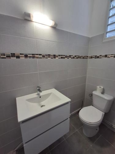 a bathroom with a white toilet and a sink at Osvalley Résidence in Basse-Terre