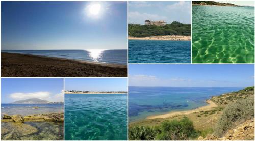a collage of four pictures of the beach at Nora's Flats in Triscina