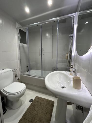 a bathroom with a sink and a toilet and a shower at Karpenisi Nest in Karpenisi