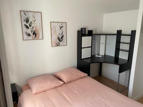 Una cama con una almohada rosa y un estante negro. en Maison proche de l'aéroport et Nantes, en Rezé