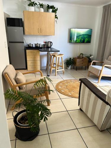 a living room with a table and a kitchen at Secret Eden in Jeffreys Bay