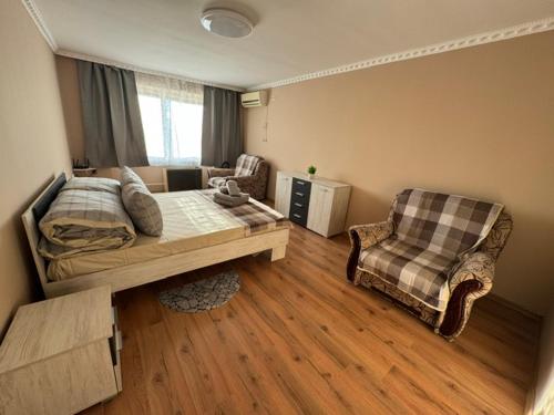 别列戈沃Panorama Spa Apartment的卧室里有一张床和一把椅子