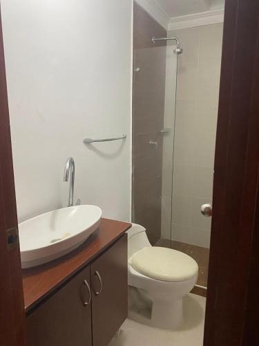 a bathroom with a toilet and a sink and a shower at Grand Villa Roca Rodadero in Rodadero