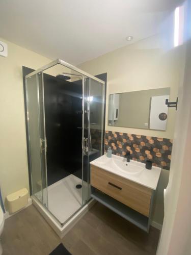 a bathroom with a glass shower and a sink at Escale sous le hêtre in Ploumilliau